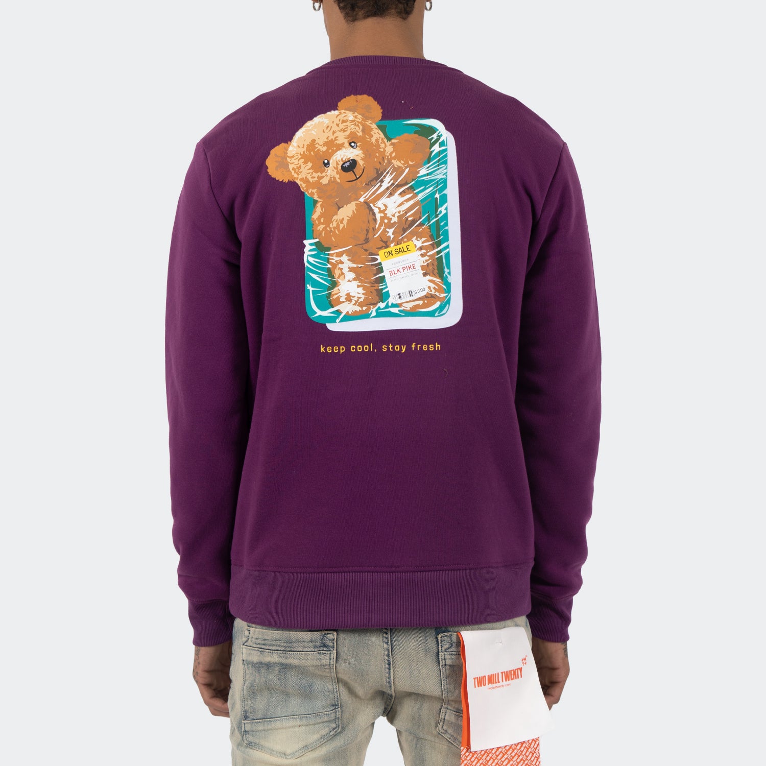 Men's TWO MILL TWENTY Shrink Wrap Teddy Bear Crewneck Sweatshirt Grape