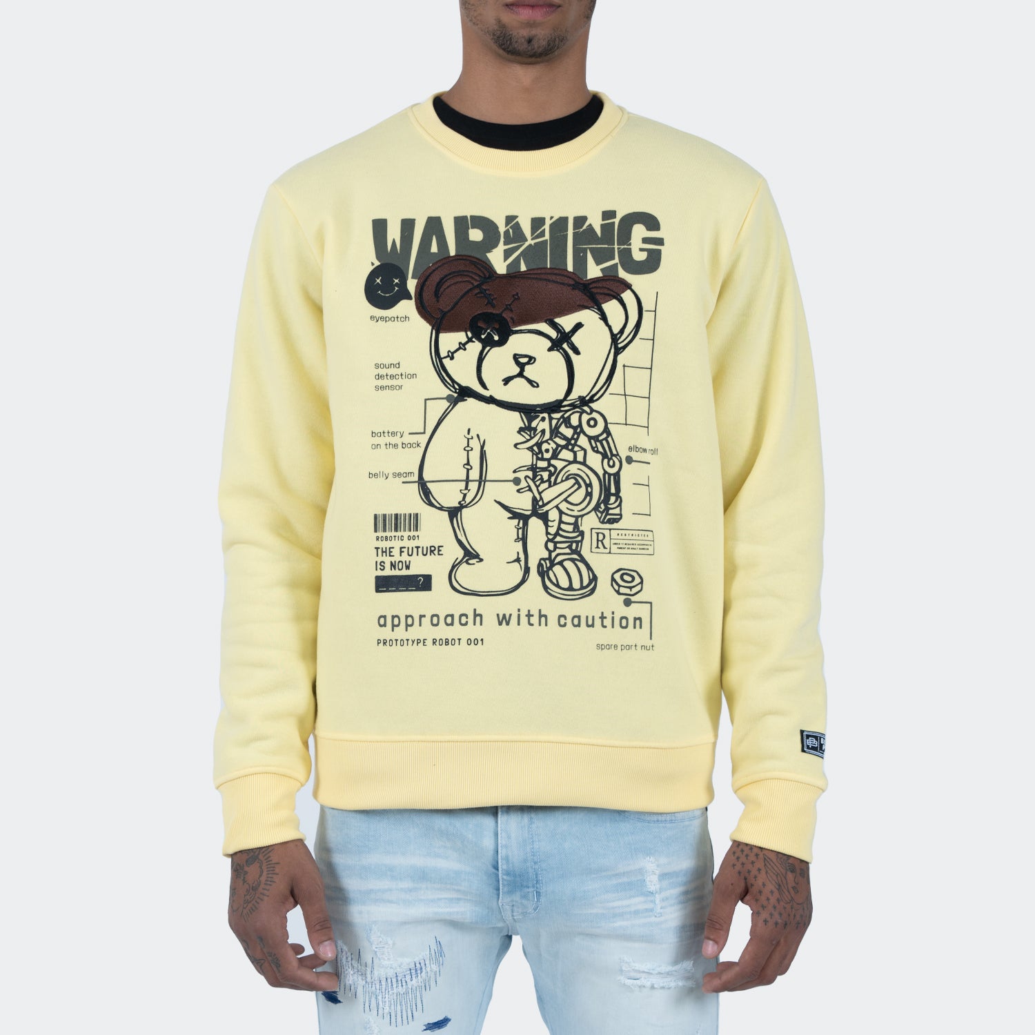 Men's TWO MILL TWENTY Android Teddy Bear Crewneck Sweatshirt Lemon Yellow