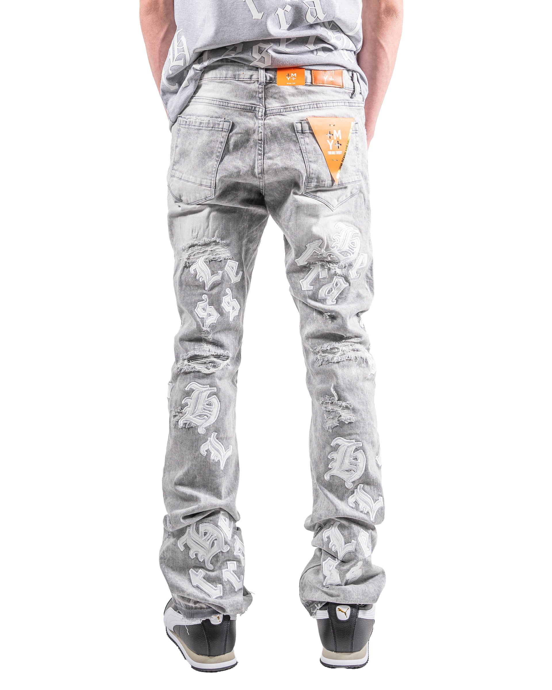 Men's TWO MILL TWENTY Letter Patch Flare Slim Jeans Light Grey