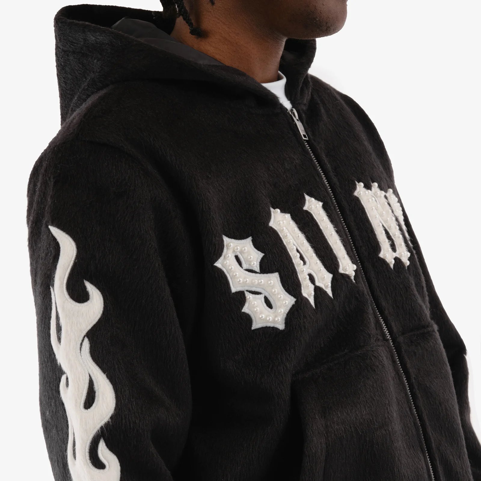 Men's Copper Rivet Saints Mohair Hoodie Pearl Details Black