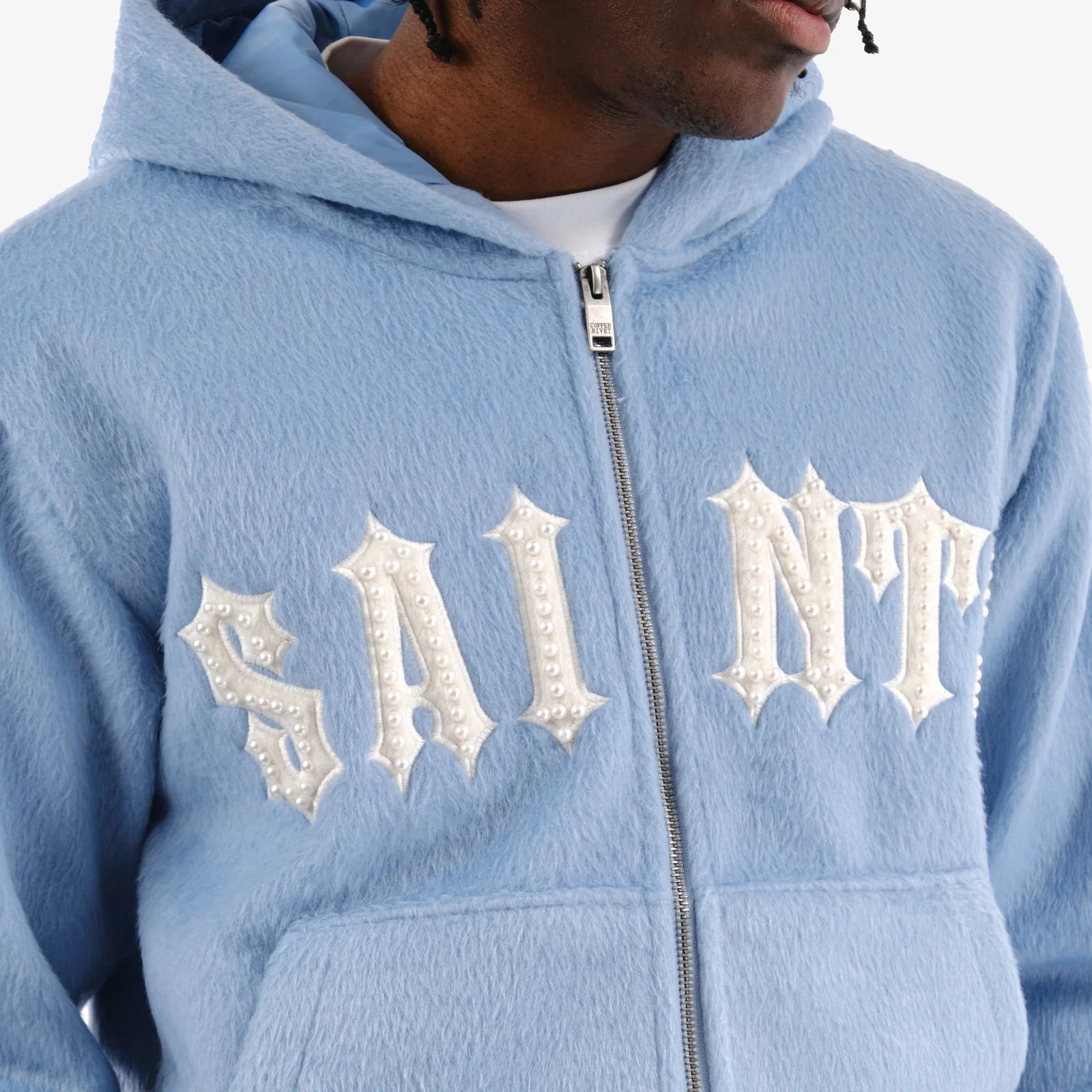 Men's Copper Rivet Saints Mohair Hoodie Pearl Details Light Blue