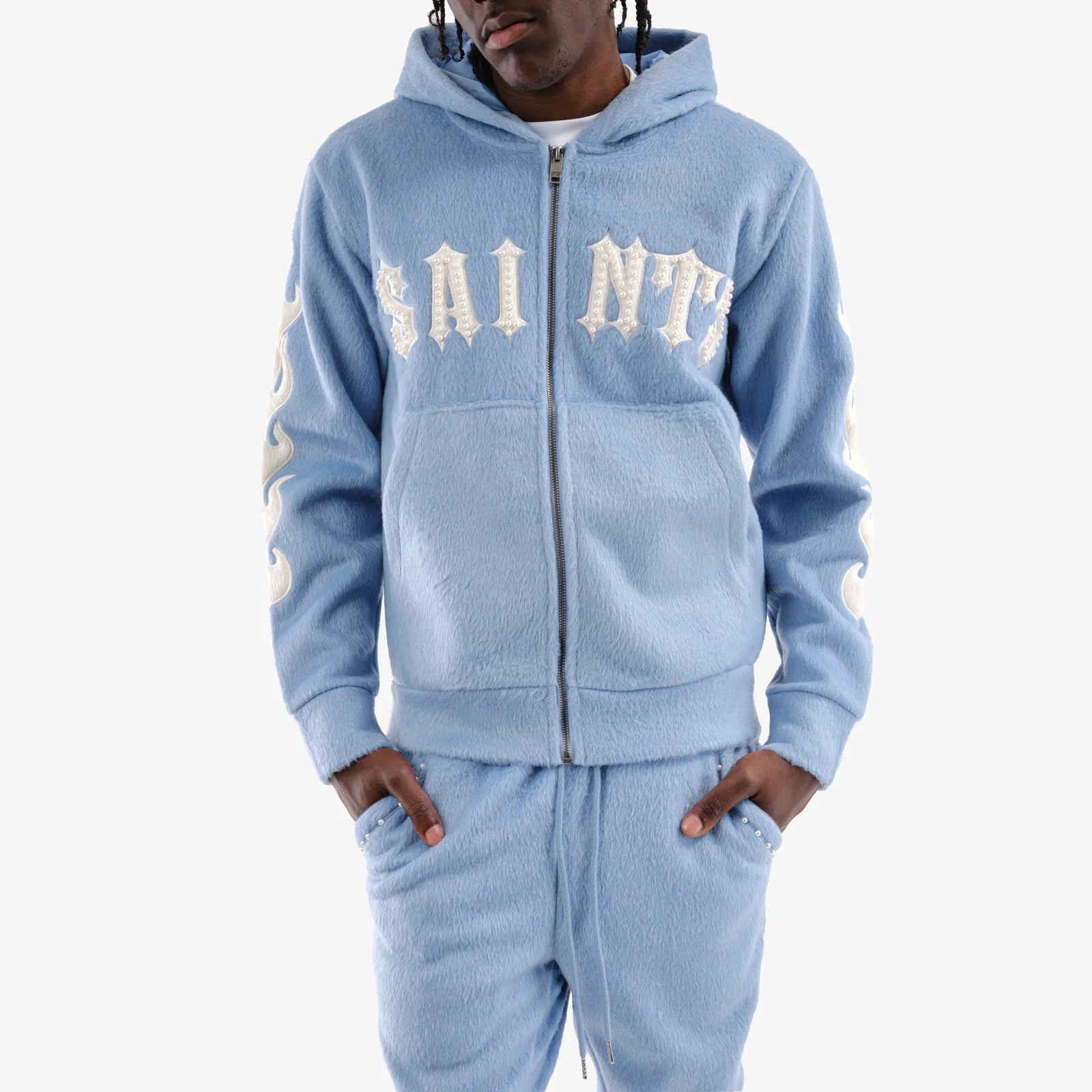 Men's Copper Rivet Saints Mohair Hoodie Pearl Details Light Blue
