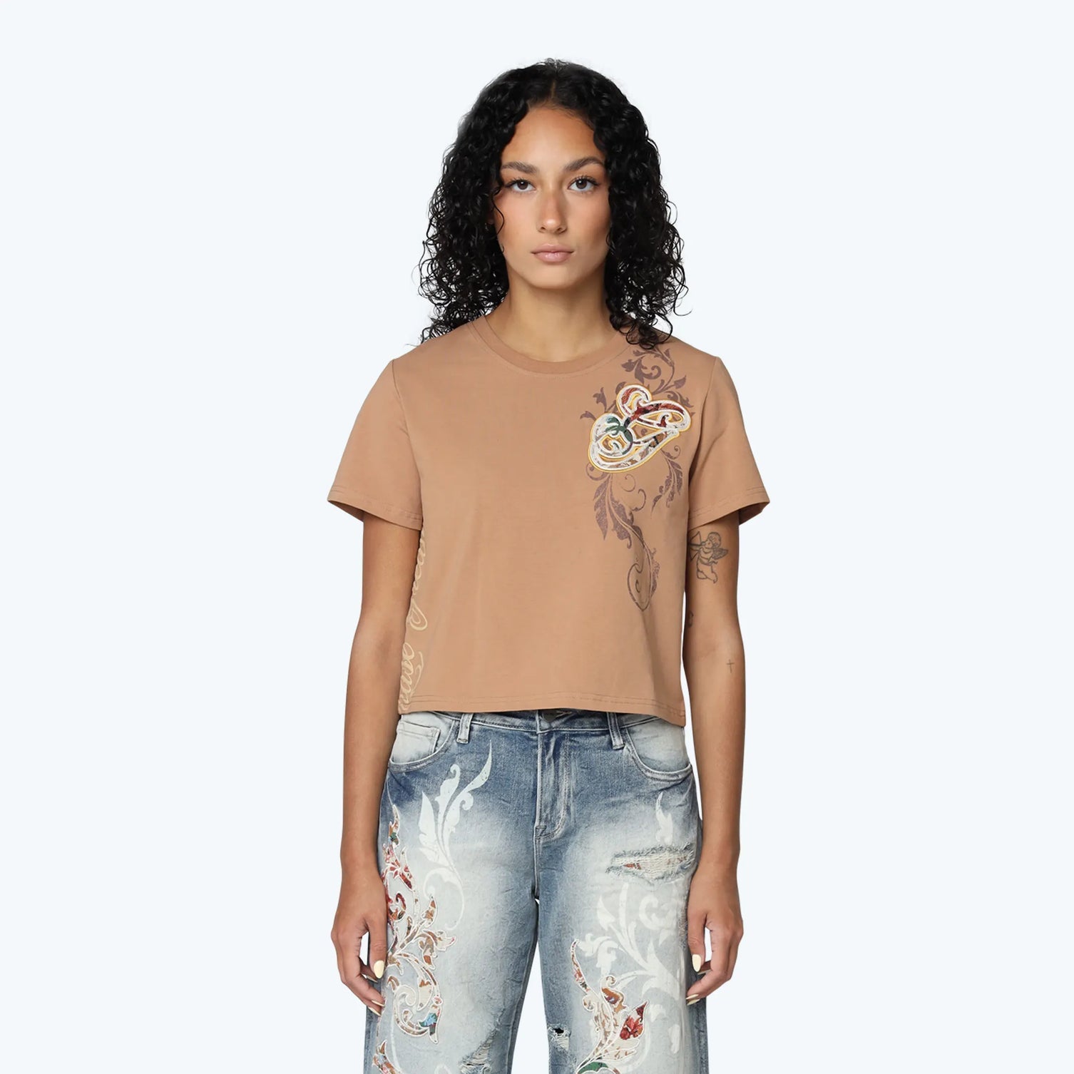Women's Smoke Rise Cropped Tapestry Patched T-Shirt Burro