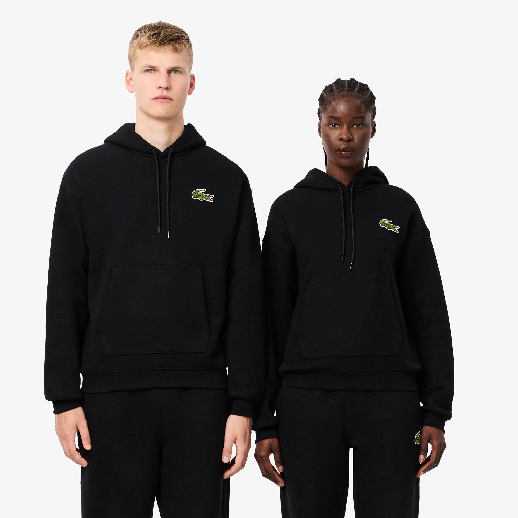 Unisex Lacoste Loose Fit Badge Accent Hoodie Black