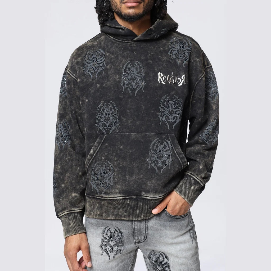 Men's Smoke Rise Rhinestone Printed Collar Hoodie Black