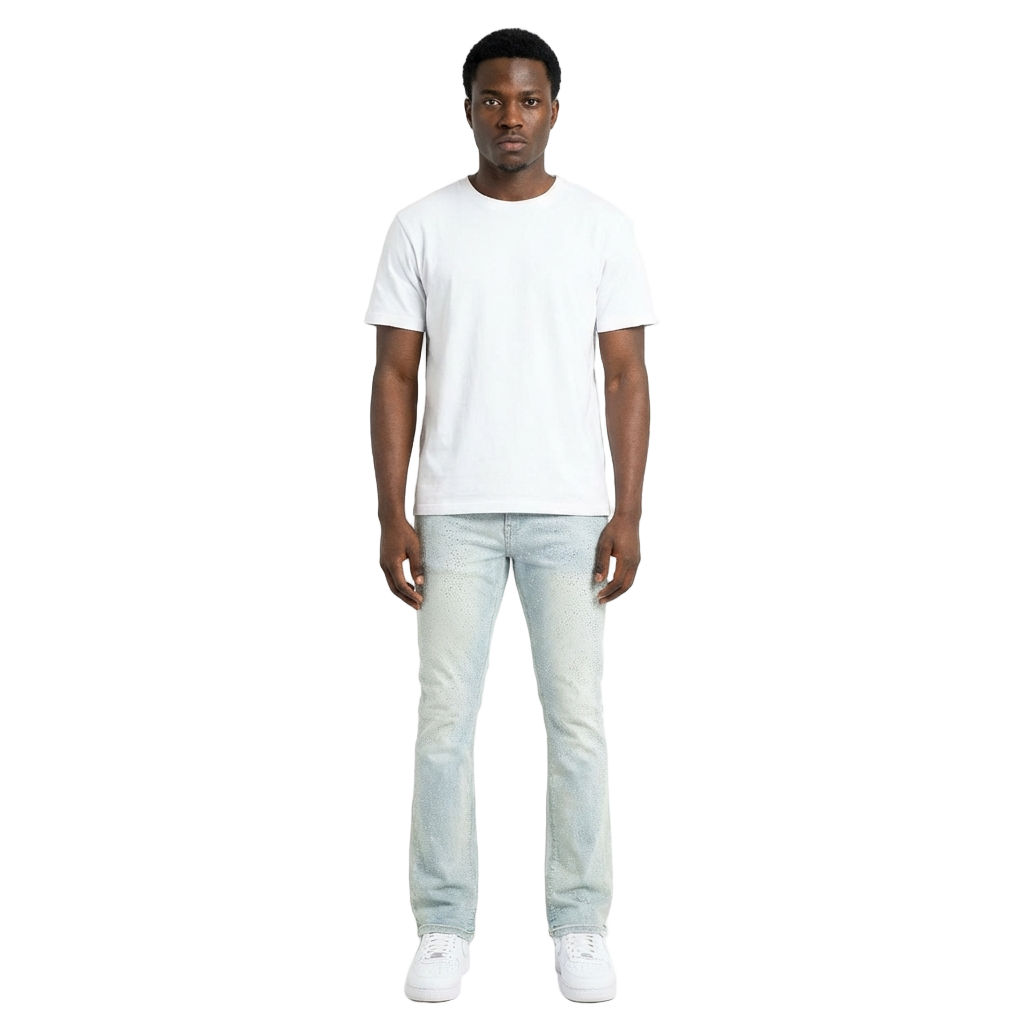 Men's TWO MILL TWENTY Light Wash Crystal Rhinestone Straight Leg Jeans