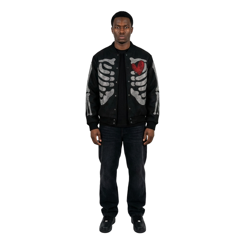 Men's TWO MILL TWENTY Rebel Heart Rhinestone Bomber Jacket Black