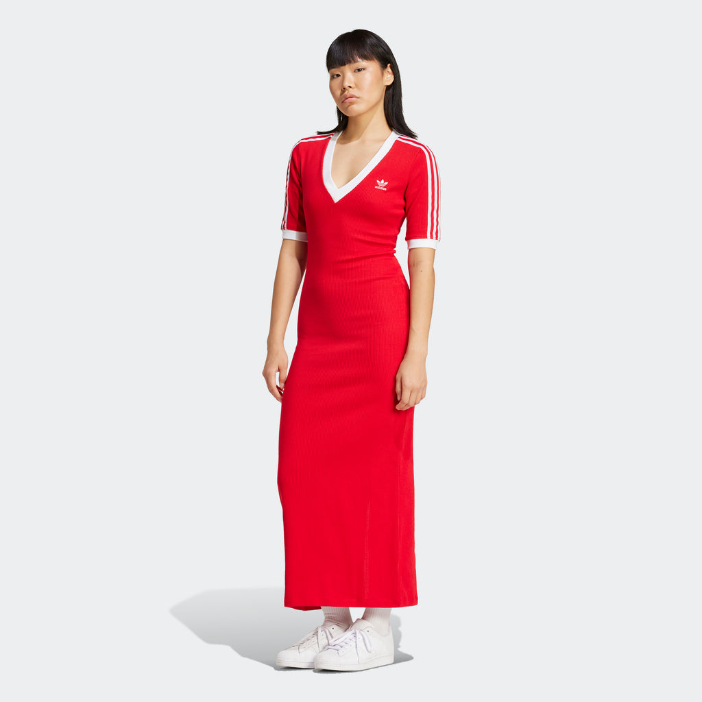 Women's adidas Originals Adicolor 3-Stripes Knit V-Neck Dress Better Scarlet