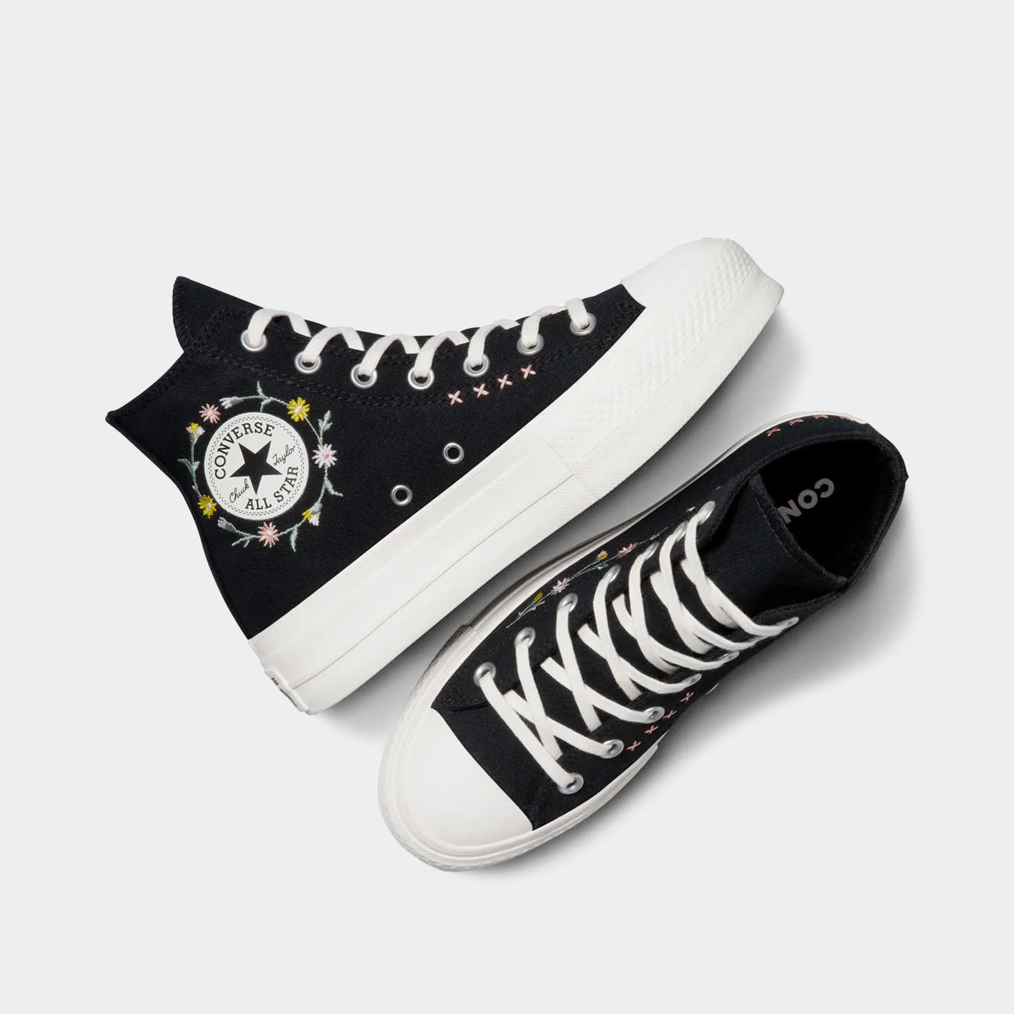 Women's Converse Chuck Taylor All Star Lift Floral Embroidery High Top Shoes Black / Egret / Flamingo Fade