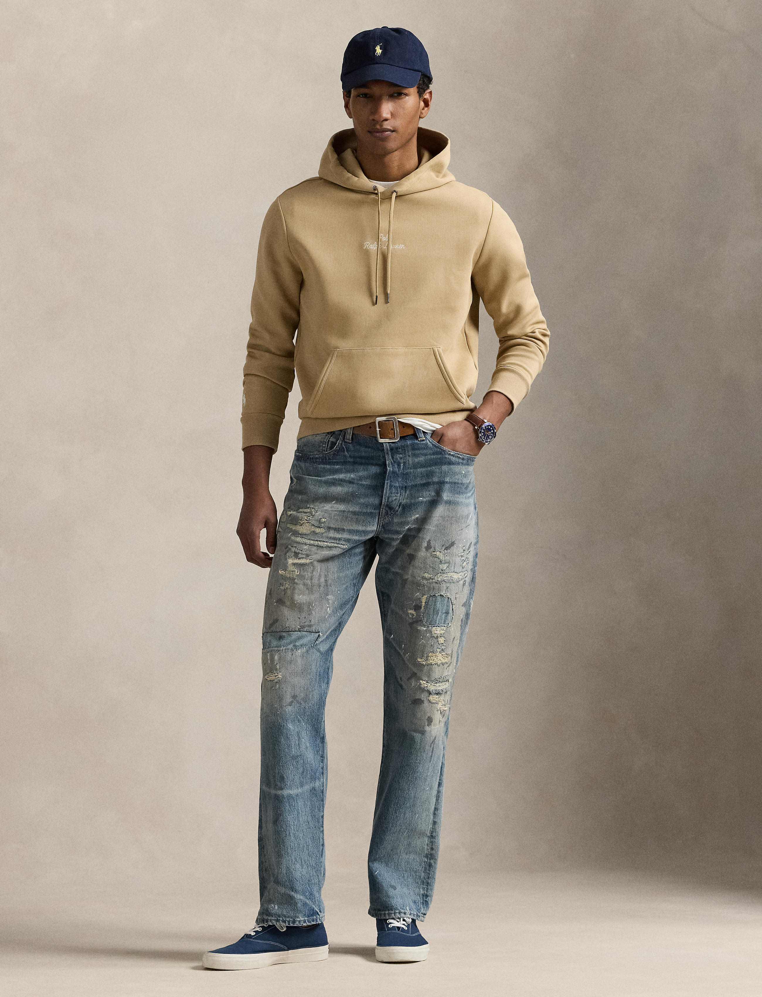 Men's Polo Ralph Lauren Logo Double-Knit Hoodie Vintage Khaki