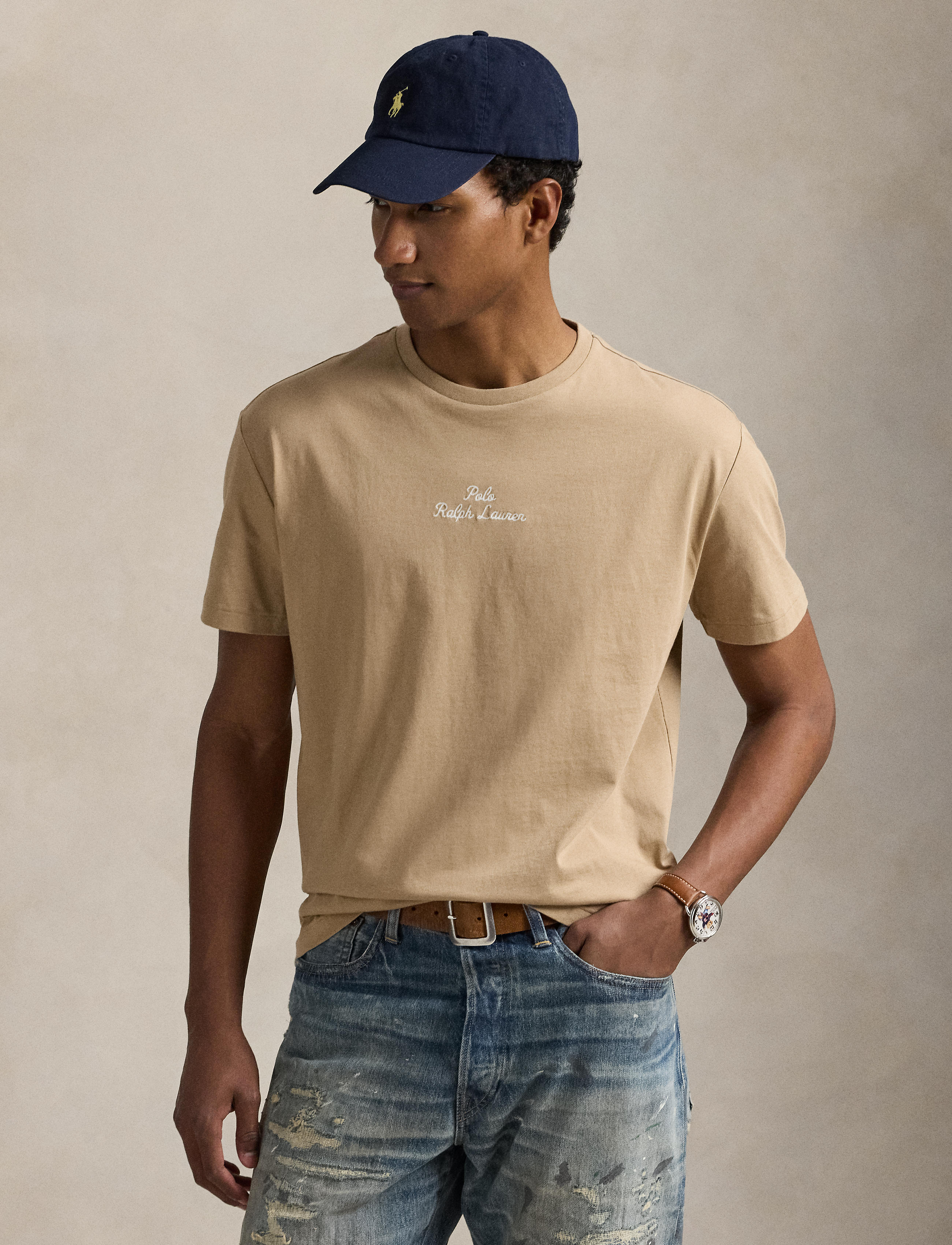 Unisex Polo Ralph Lauren Classic Fit Logo Jersey T-Shirt Vintage Khaki