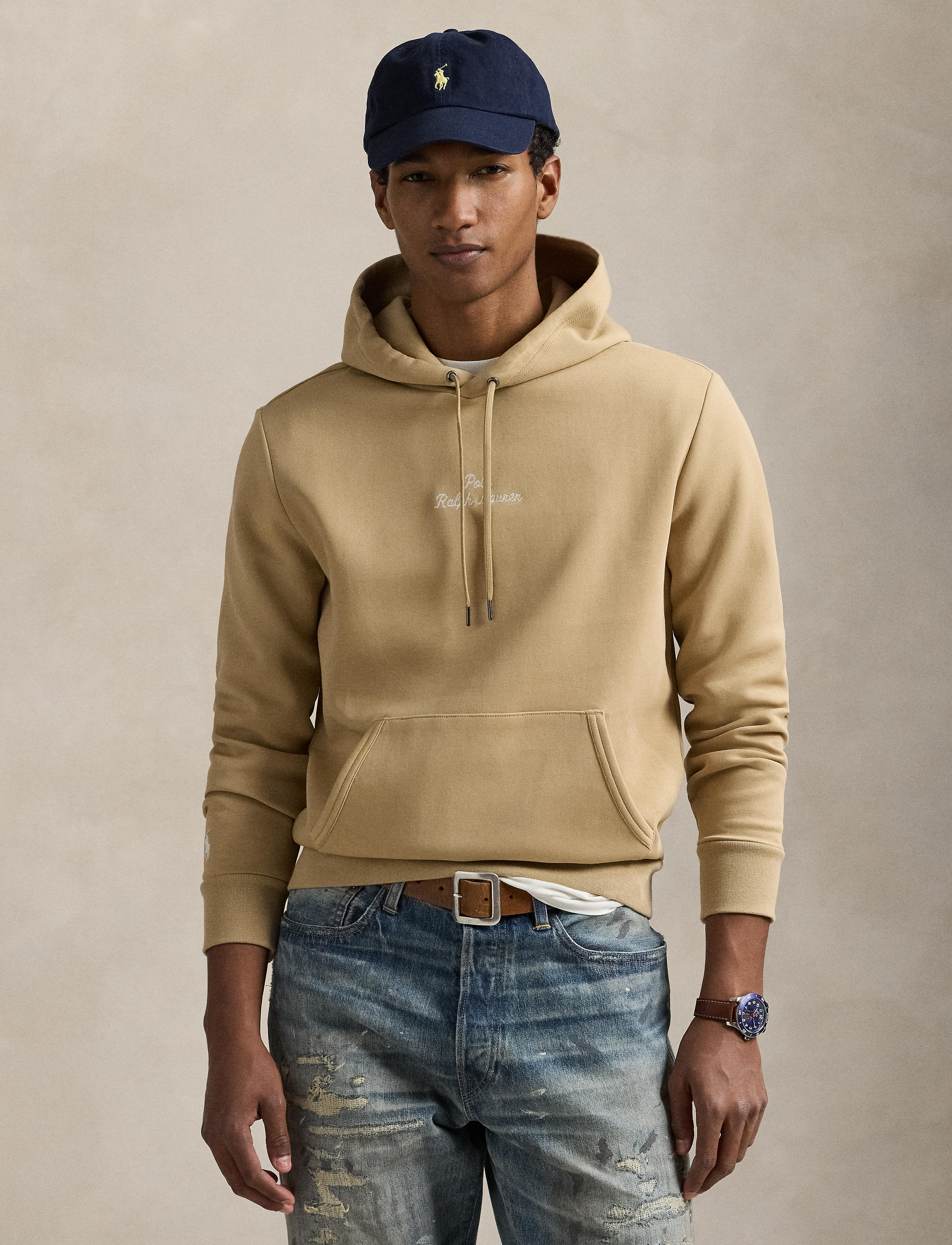 Men's Polo Ralph Lauren Logo Double-Knit Hoodie Vintage Khaki