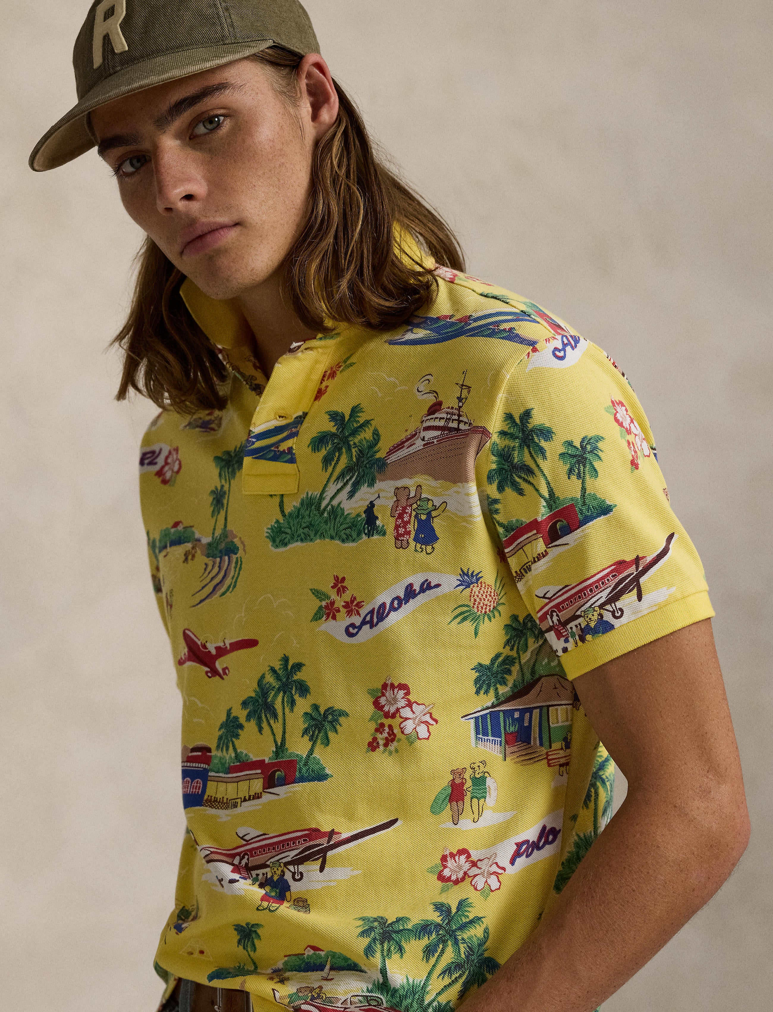 Men's Polo Ralph Lauren Classic Fit Polo Bear Mesh Polo Shirt Holiday Bear Yellow