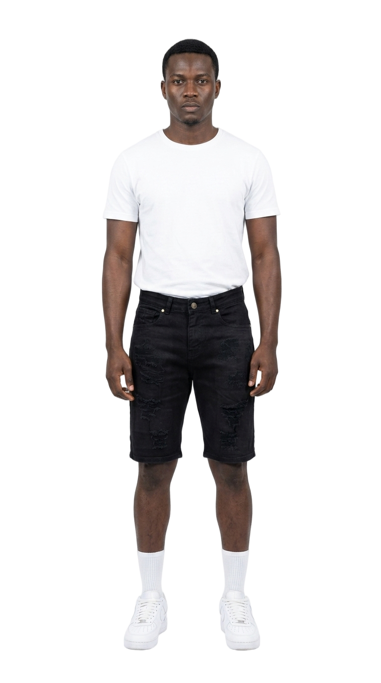 Men's Ripped Distressed Denim Jean Shorts | Jet Black