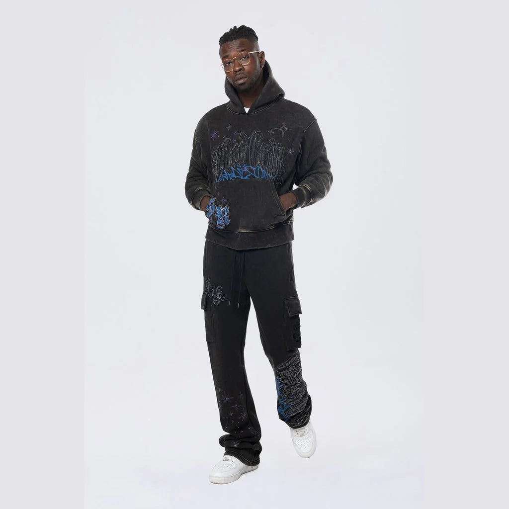 Men's Smoke Rise Stacked Rhinestone Dystopia Fleece Pants Black