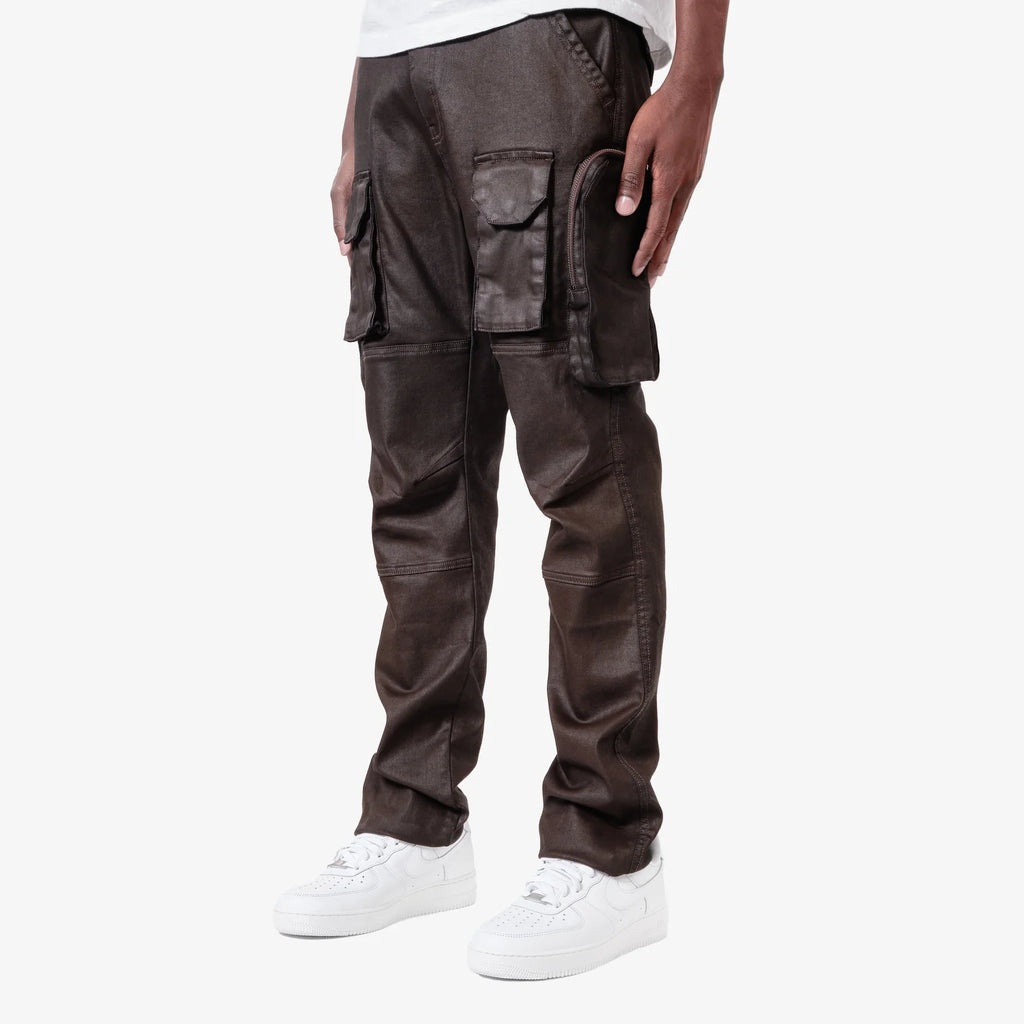 Men's Copper Rivet Utility Cargo Wax Coated Jeans Brown