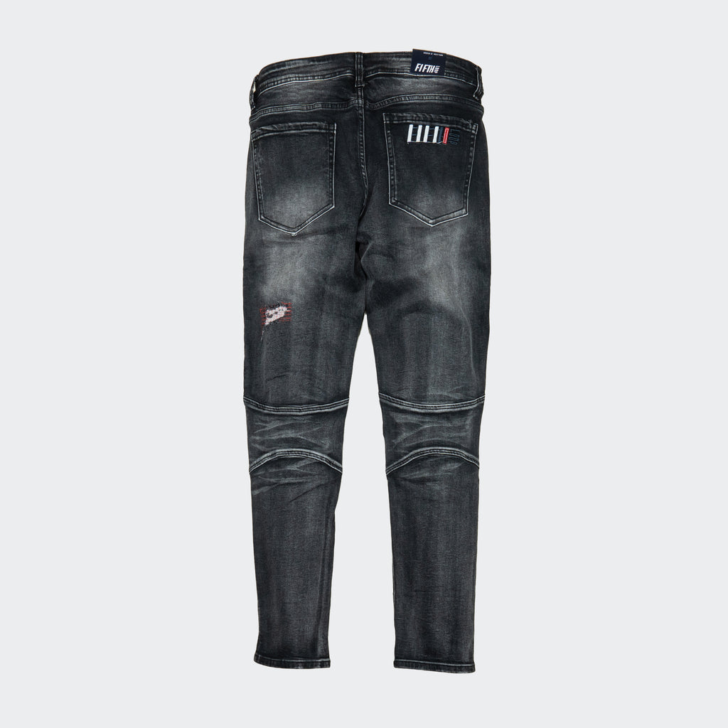 Men's Fifth Loop Distressed Moto Black Jeans with Red Pouch