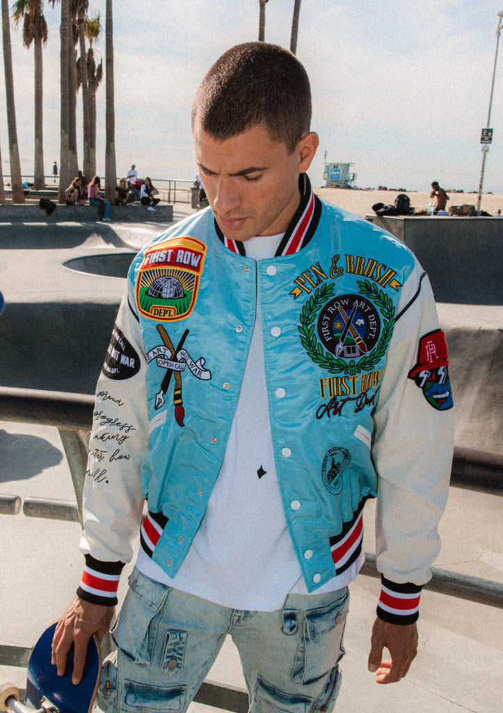 Men's First Row Pen & Brush Varsity Jacket Sky Blue