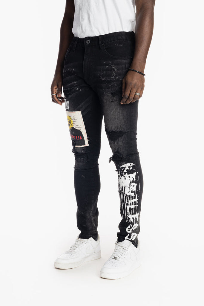 Men's Smoke Rise Graphic Patched Fashion Jeans Dusty Black