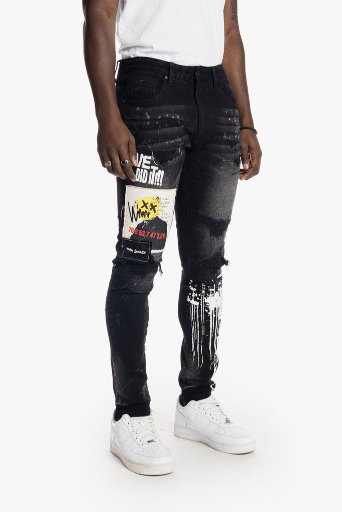 Men's Smoke Rise Graphic Patched Fashion Jeans Dusty Black