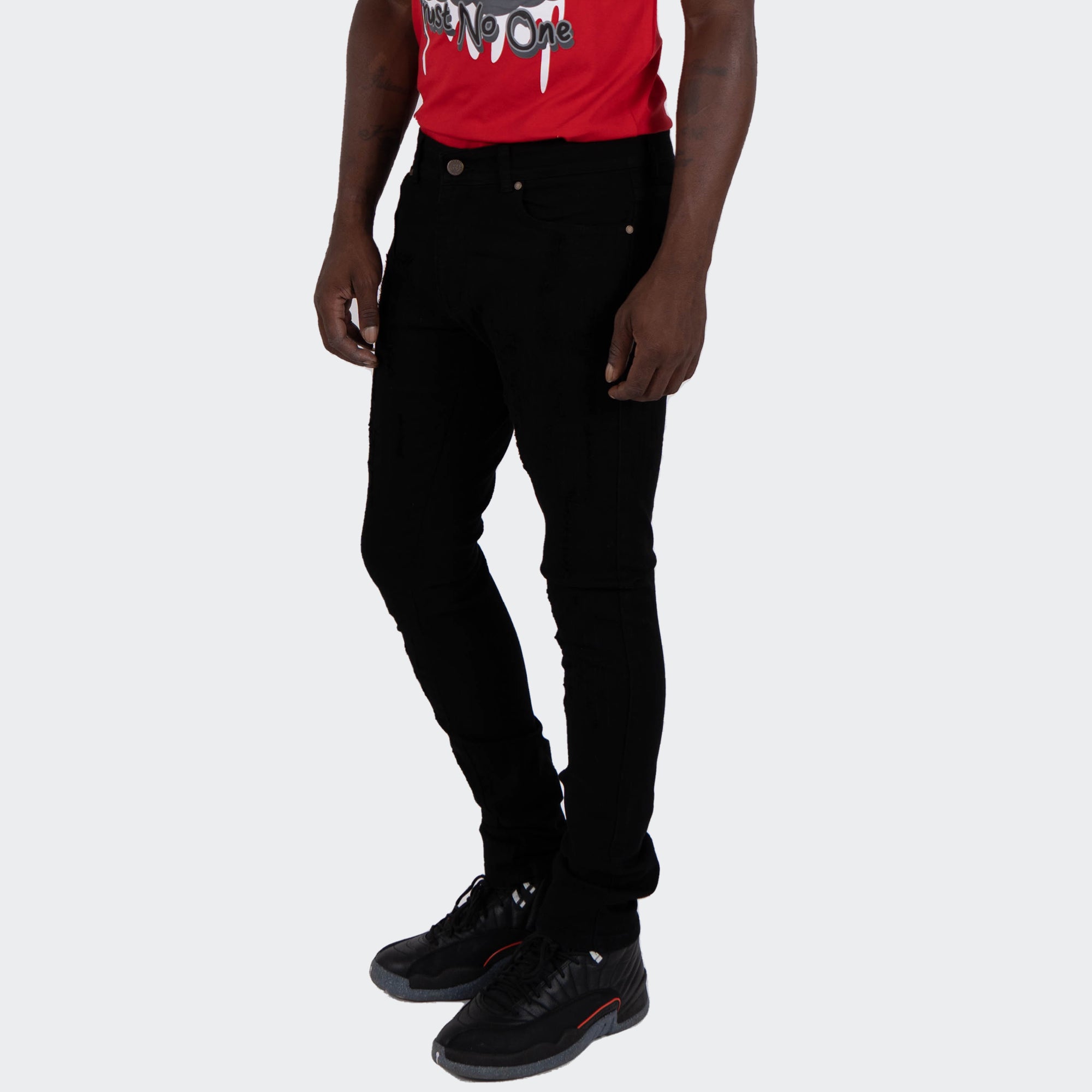 Men's TWO MILL TWENTY "Elston" Slim Skinny Scratched Stitch Repaired Urban Streetwear Designer Fashion Denim Jeans Black