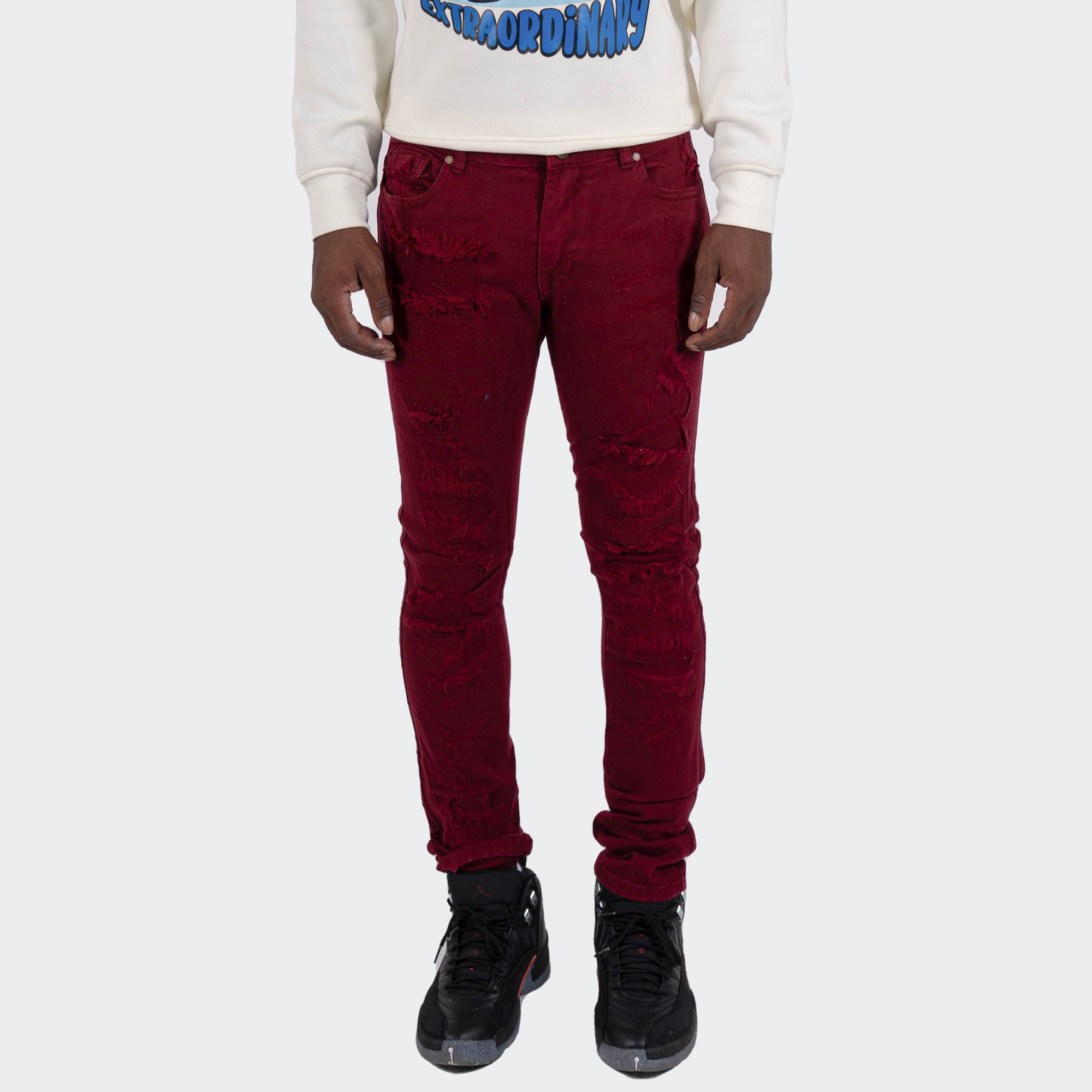 Men's TWO MILL TWENTY "LaSalle" Slim Skinny Ripped Torn Stitched Patched Urban Streetwear Designer Denim Jeans Burgundy