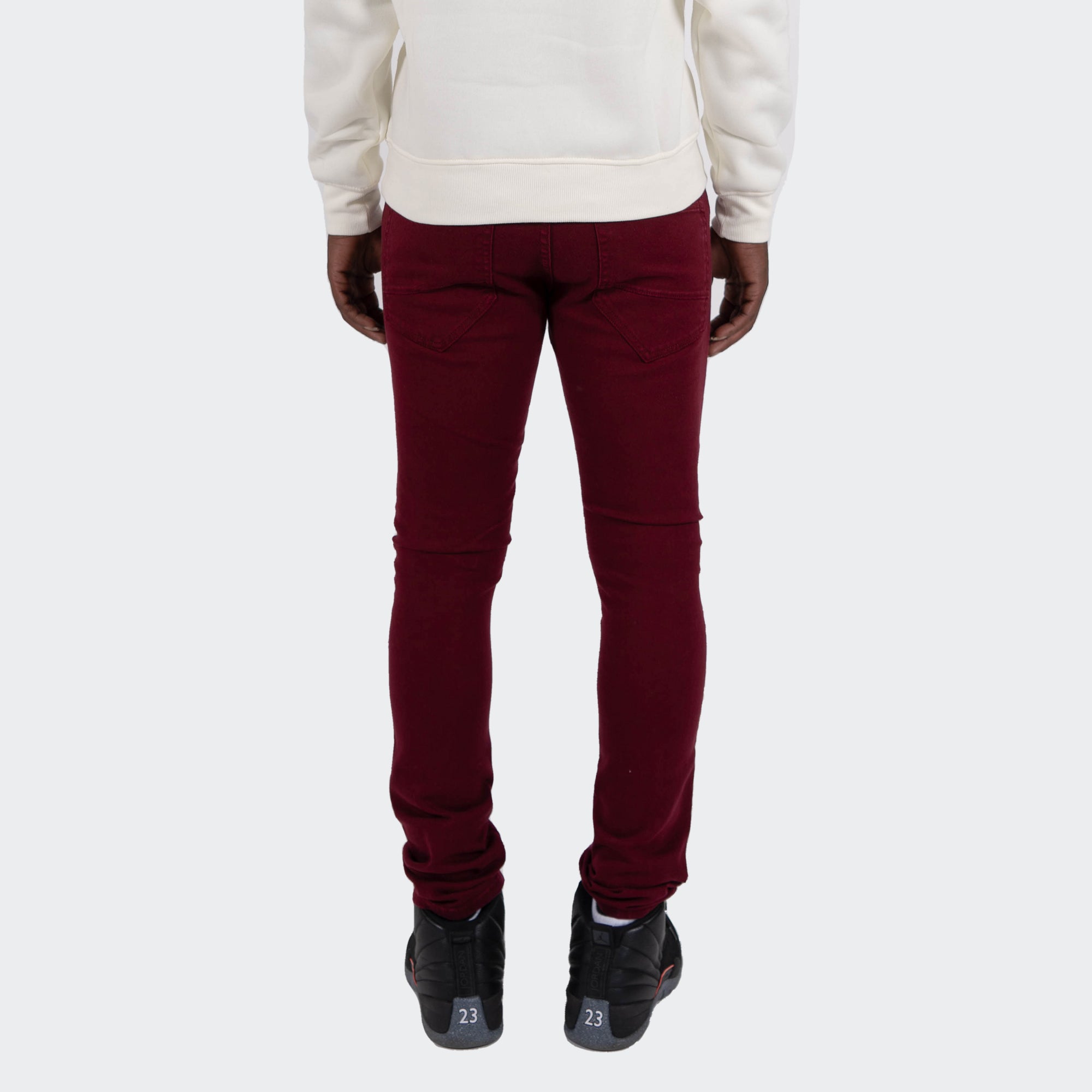Men's TWO MILL TWENTY "LaSalle" Slim Skinny Ripped Torn Stitched Patched Urban Streetwear Designer Denim Jeans Burgundy