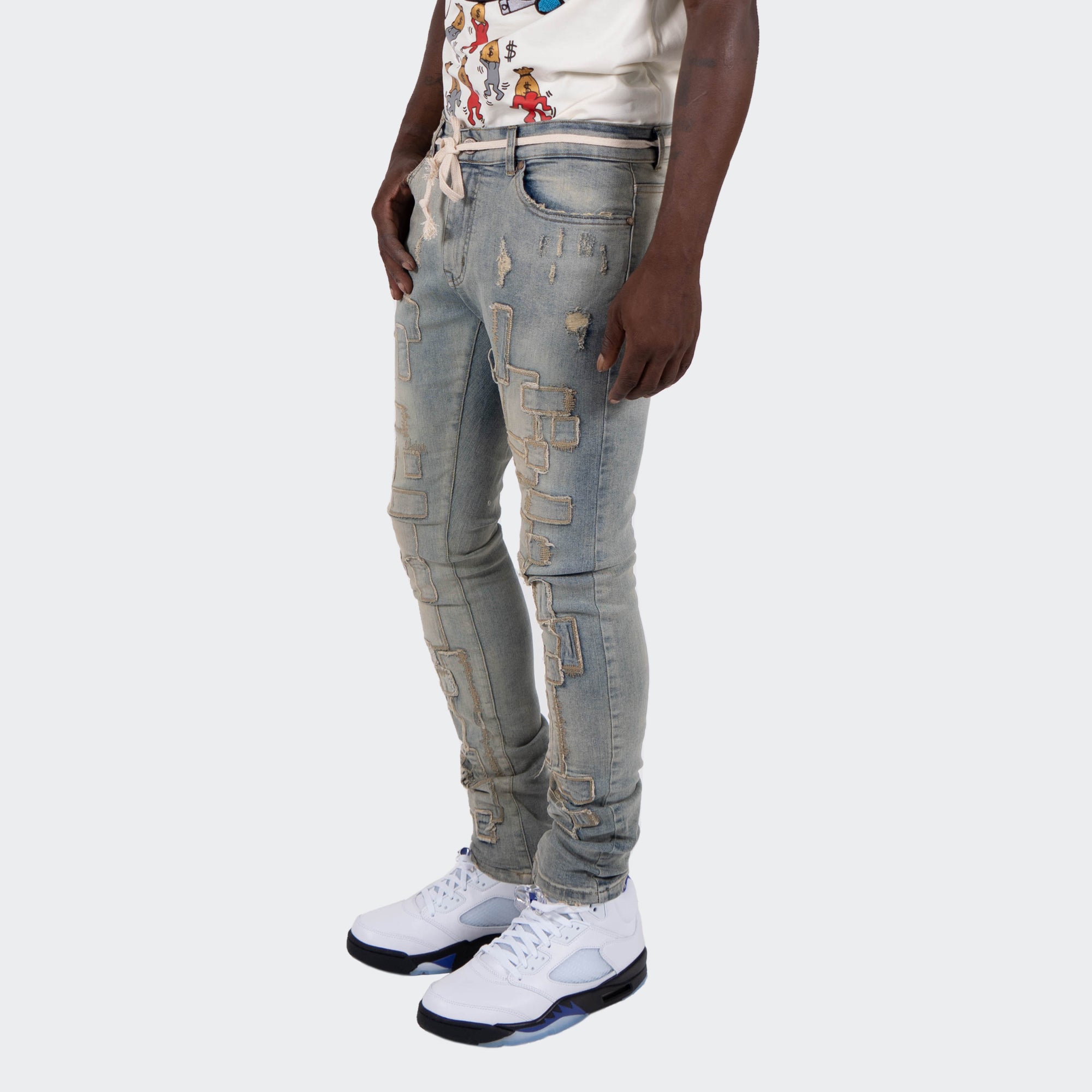 Men's TWO MILL TWENTY "McCormick" Slim Skinny Geometric Patchwork Distressed Denim Urban Fashion Jeans Vintage Wash