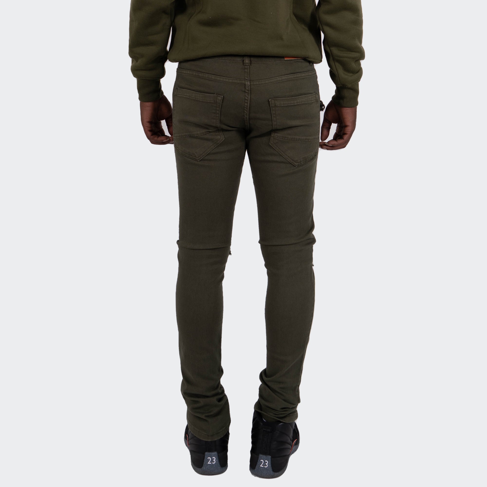 Men's TWO MILL TWENTY "Ogden" Slim Skinny Ripped Torn Stitched Patched Urban Streetwear Designer Denim Jeans Olive