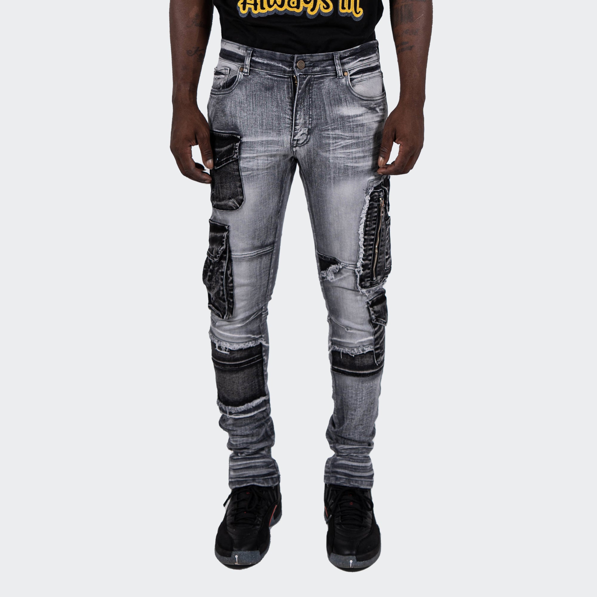 Men's TWO MILL TWENTY "Winchester" Slim Skinny Acid Wash Cargo Pocket Urban Streetwear Designer Denim Jeans Grey Acid
