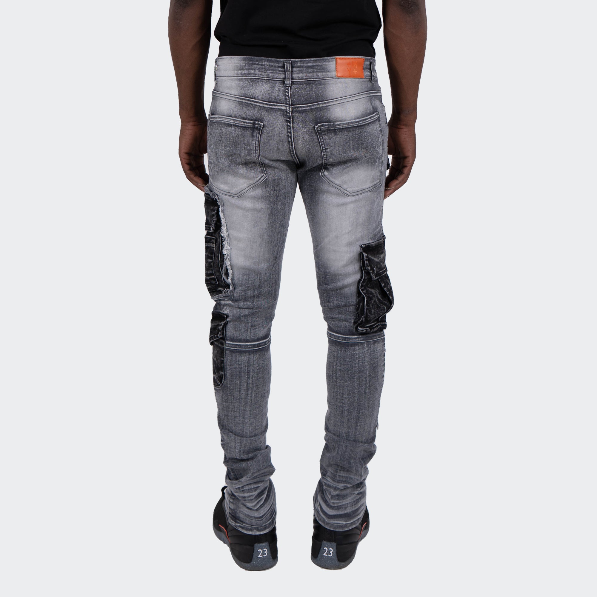 Men's TWO MILL TWENTY "Winchester" Slim Skinny Acid Wash Cargo Pocket Urban Streetwear Designer Denim Jeans Grey Acid
