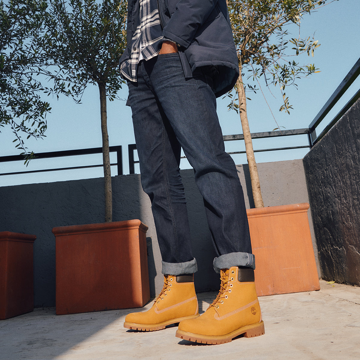 Men's Timberland Icon 6-Inch Premium Waterproof Boots Wheat Nubuck (TB010061713) | Chicago City Sports | on model view