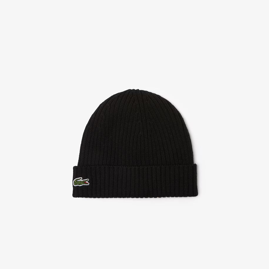 Unisex Lacoste Ribbed Wool Beanie Black