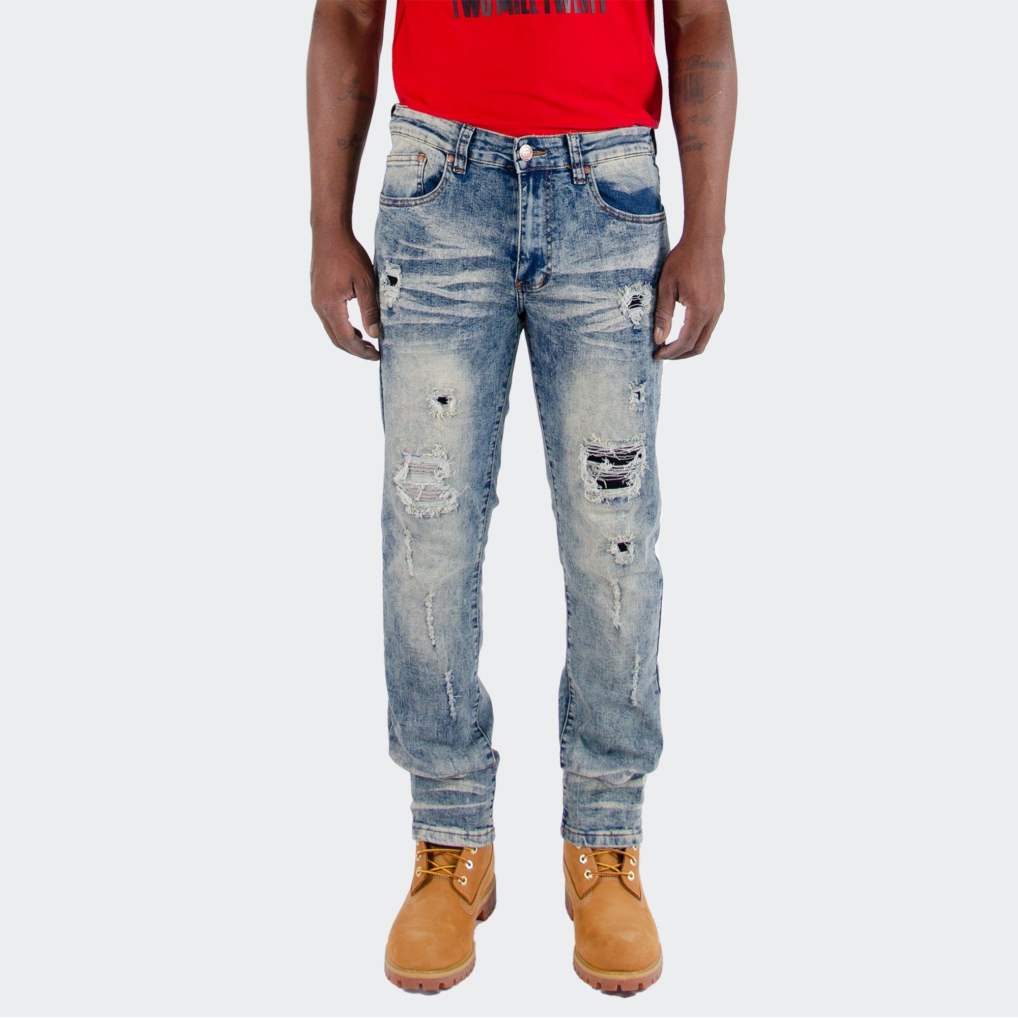 Men's TWO MILL TWENTY "Quincy" Slim Fit Rip & Repair Jeans Vintage Blue Acid Wash