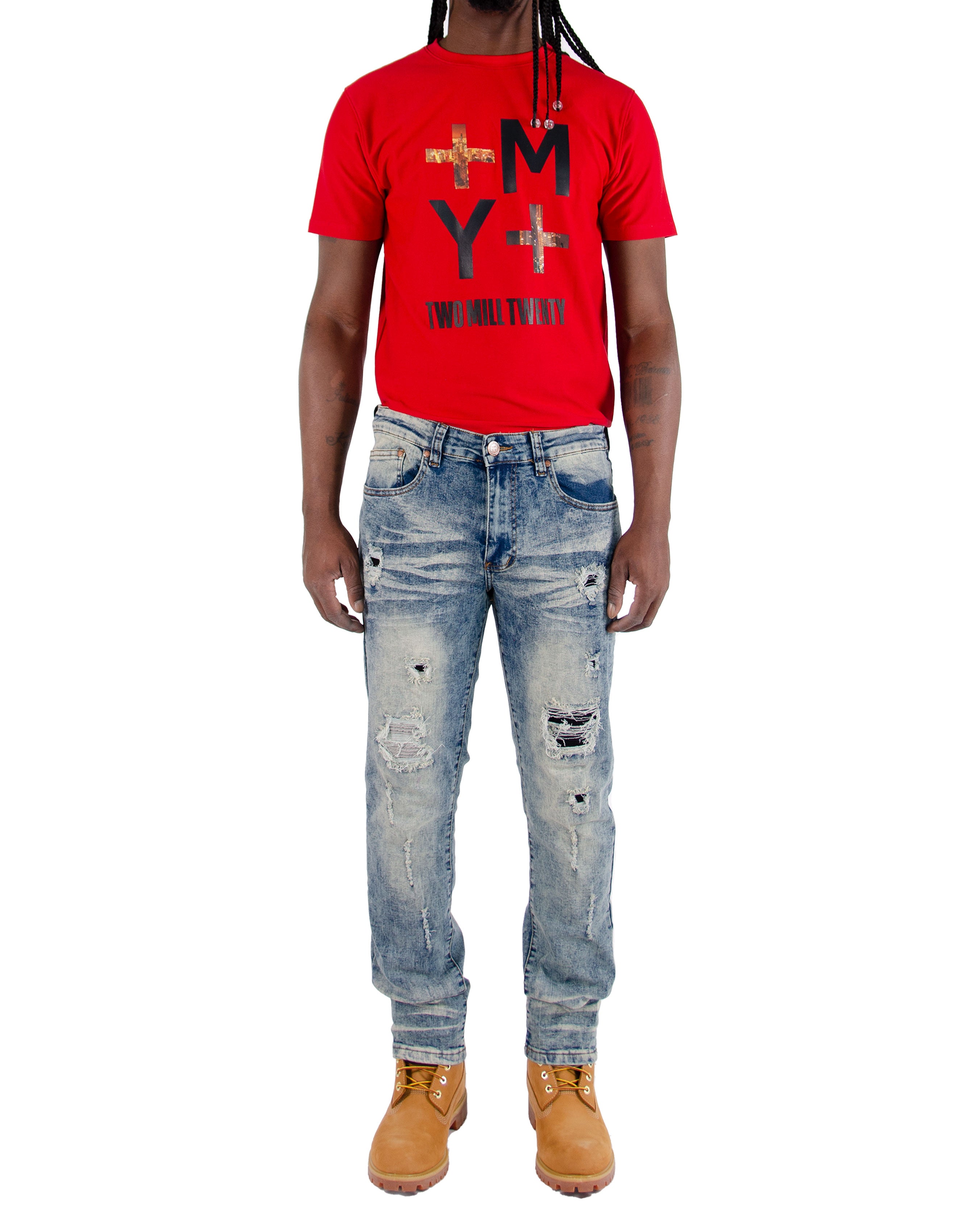 Men's TWO MILL TWENTY "Quincy" Slim Fit Rip & Repair Jeans Vintage Blue Acid Wash