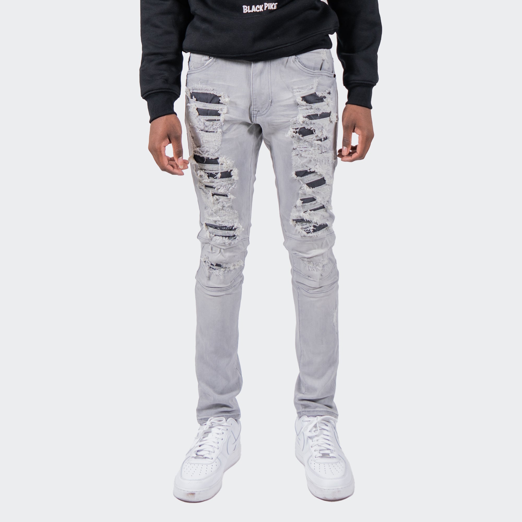 Men's TWO MILL TWENTY "Ballard" Two Tone Rip & Repair Skinny Fit Denim Moto Jeans Grey