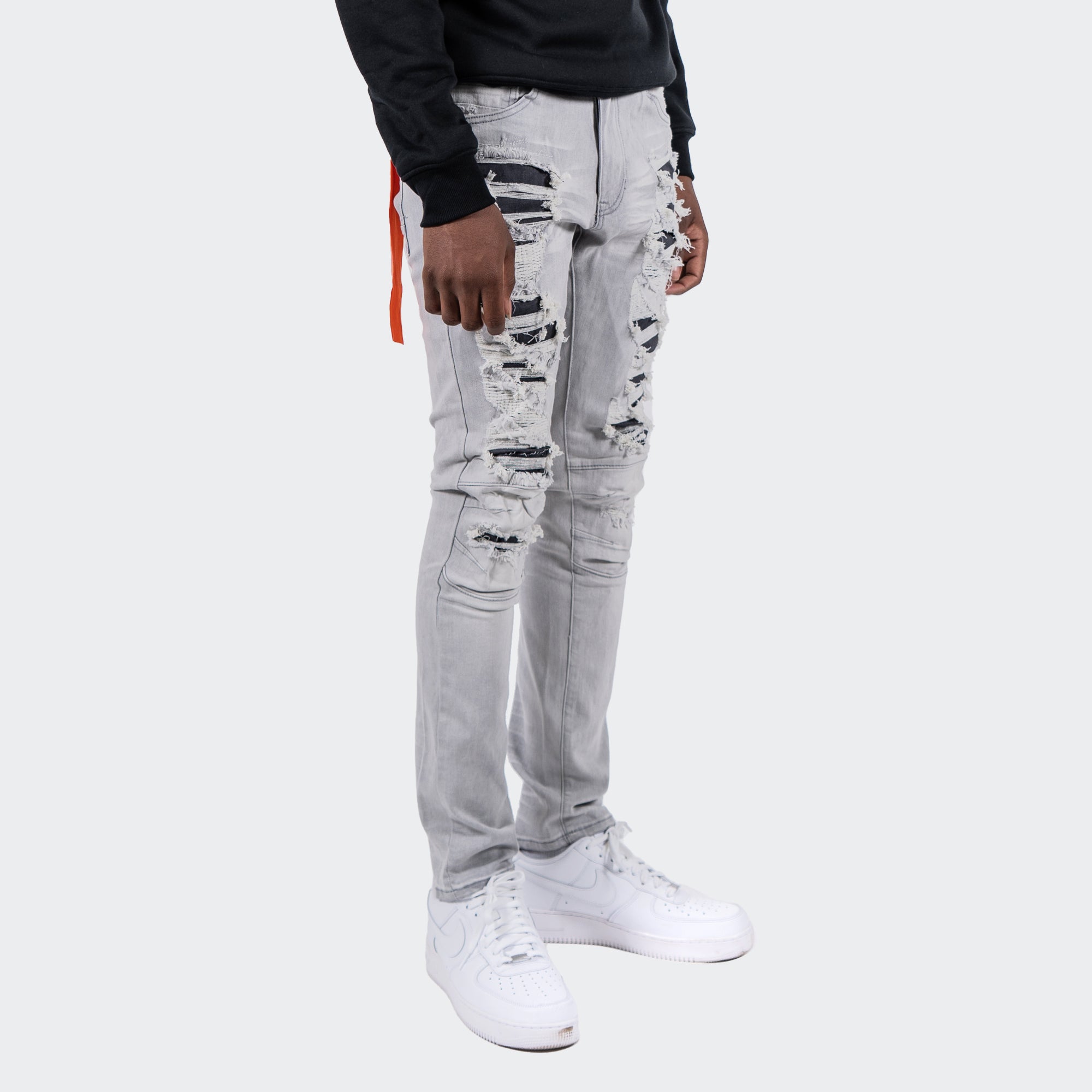 Men's TWO MILL TWENTY "Ballard" Two Tone Rip & Repair Skinny Fit Denim Moto Jeans Grey