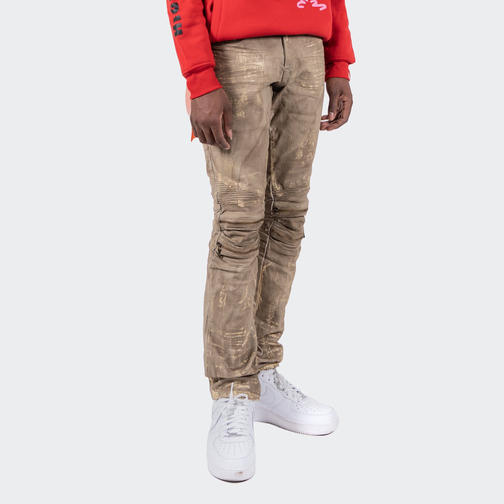 Men's TWO MILL TWENTY "Cicero" Distressed Paint Splatter Zip Knee Slim Fit Urban Moto Denim Jeans Hazelnut