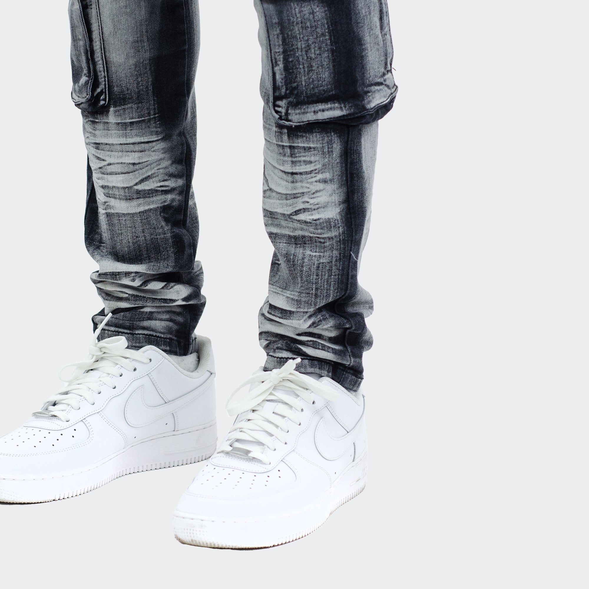 Men's TWO MILL TWENTY "Austin" Utility Pocket Fashion Skinny Denim Jeans Black Wash