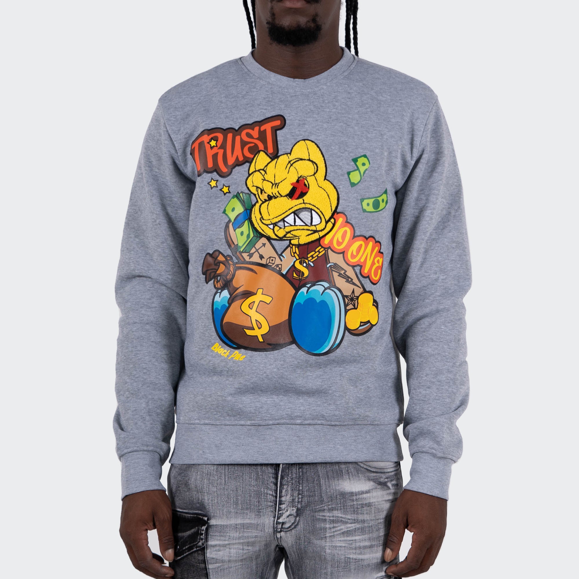 Men's TWO MILL TWENTY "Trust No One" Graphic Embroidered Sweatshirt Heather Grey