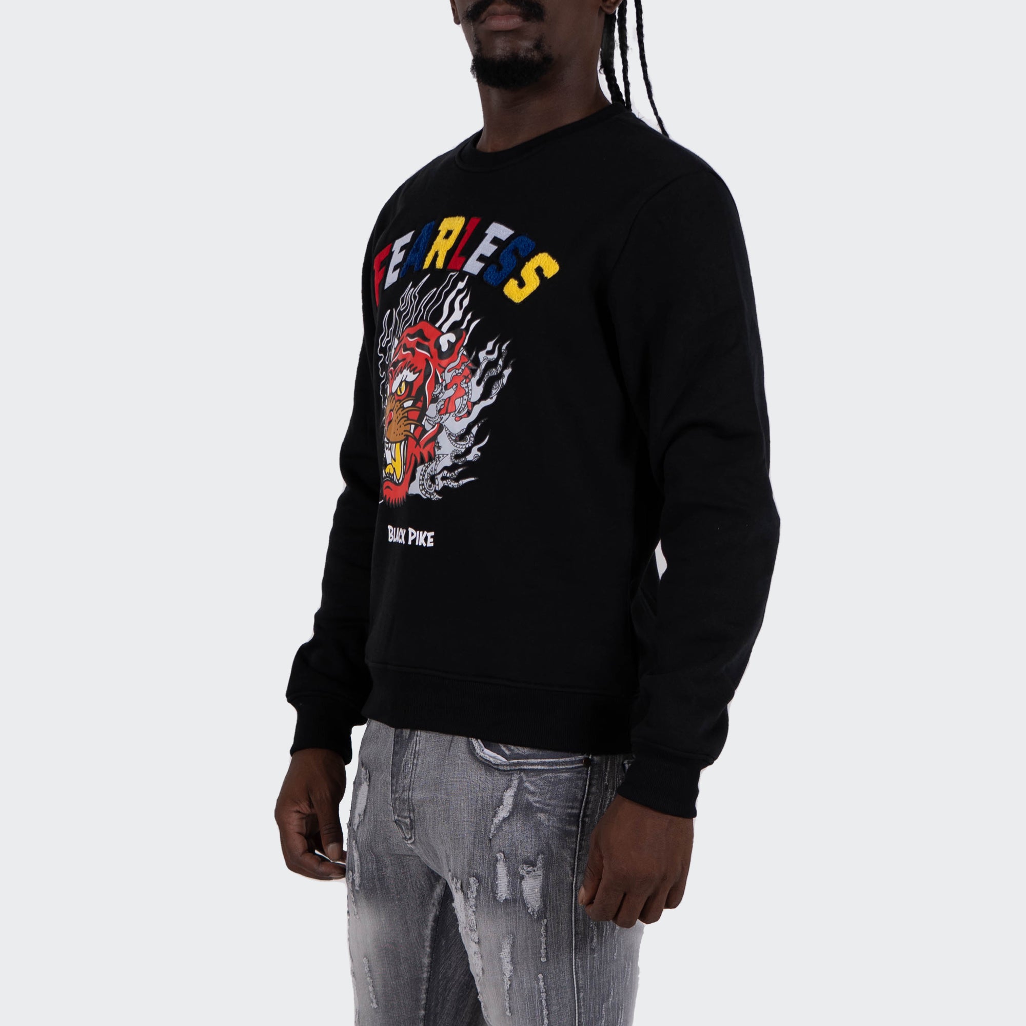 Men's TWO MILL TWENTY "Fearless" Tiger Graphic Multi Texture Sweatshirt Black