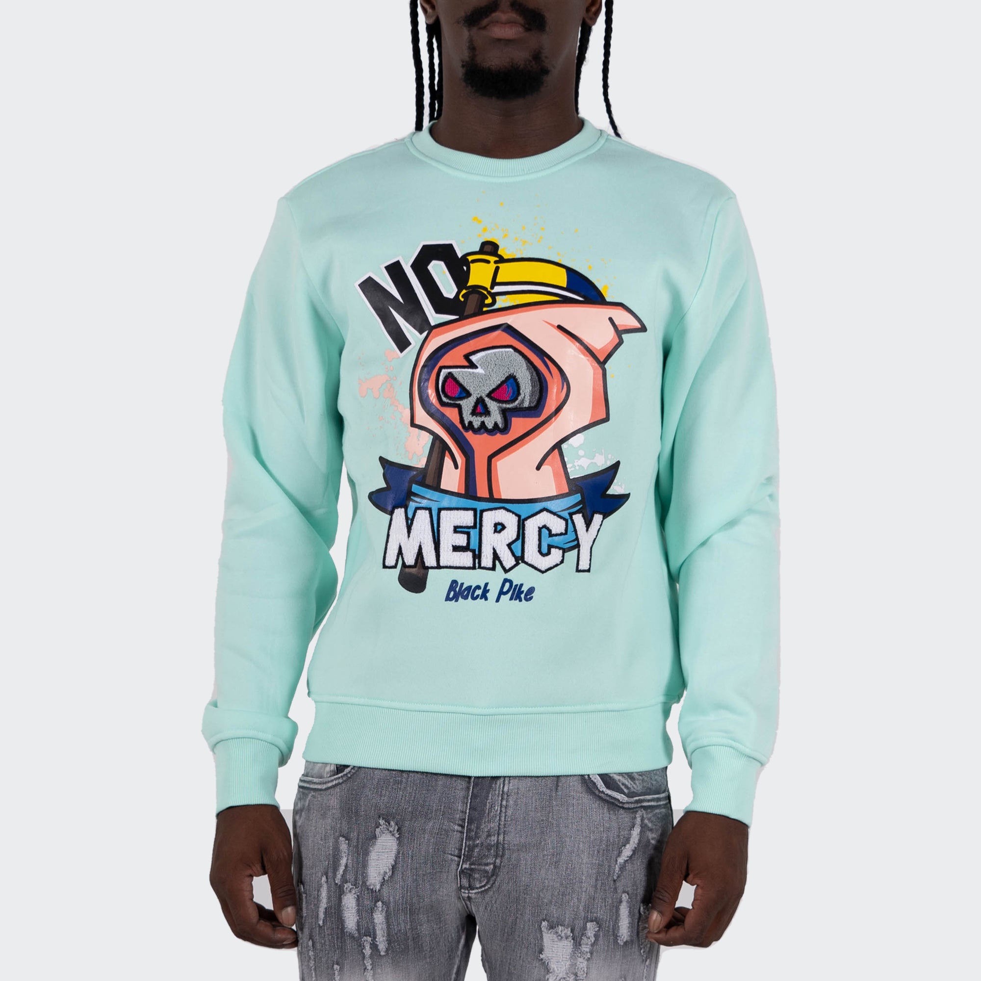 Men's TWO MILL TWENTY "No Mercy" Graphic Embroidered Sweatshirt Mint Green