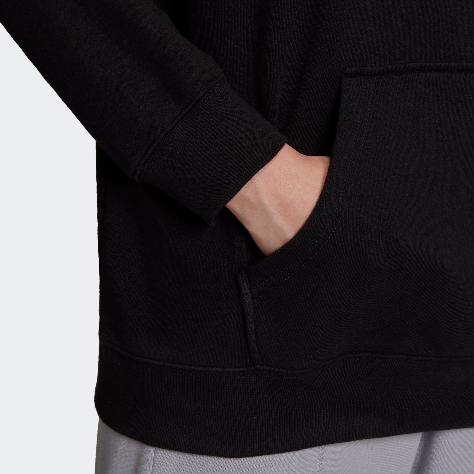 Women's adidas Essentials Trefoil Hoodie Black GD4291 | Chicago City Sports | kangaroo pocket view