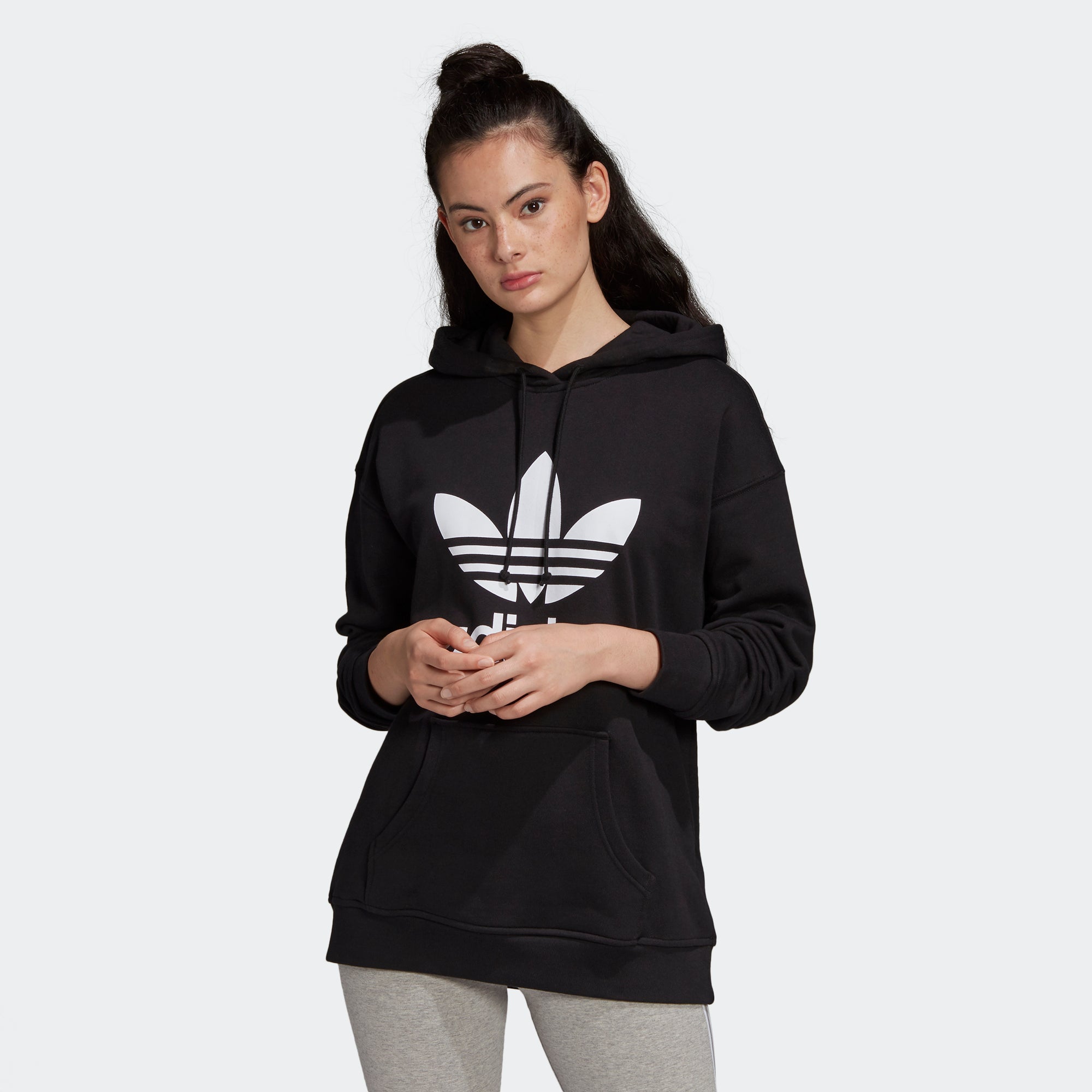 Women's adidas Originals Adicolor Trefoil Hoodie Black (SKU FM3307) | Chicago City Sports | front view on model